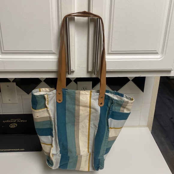 FEED Projects Canvas Market Tote Sea Blue Shopping Leather Straps Bag - Picture 5 of 16